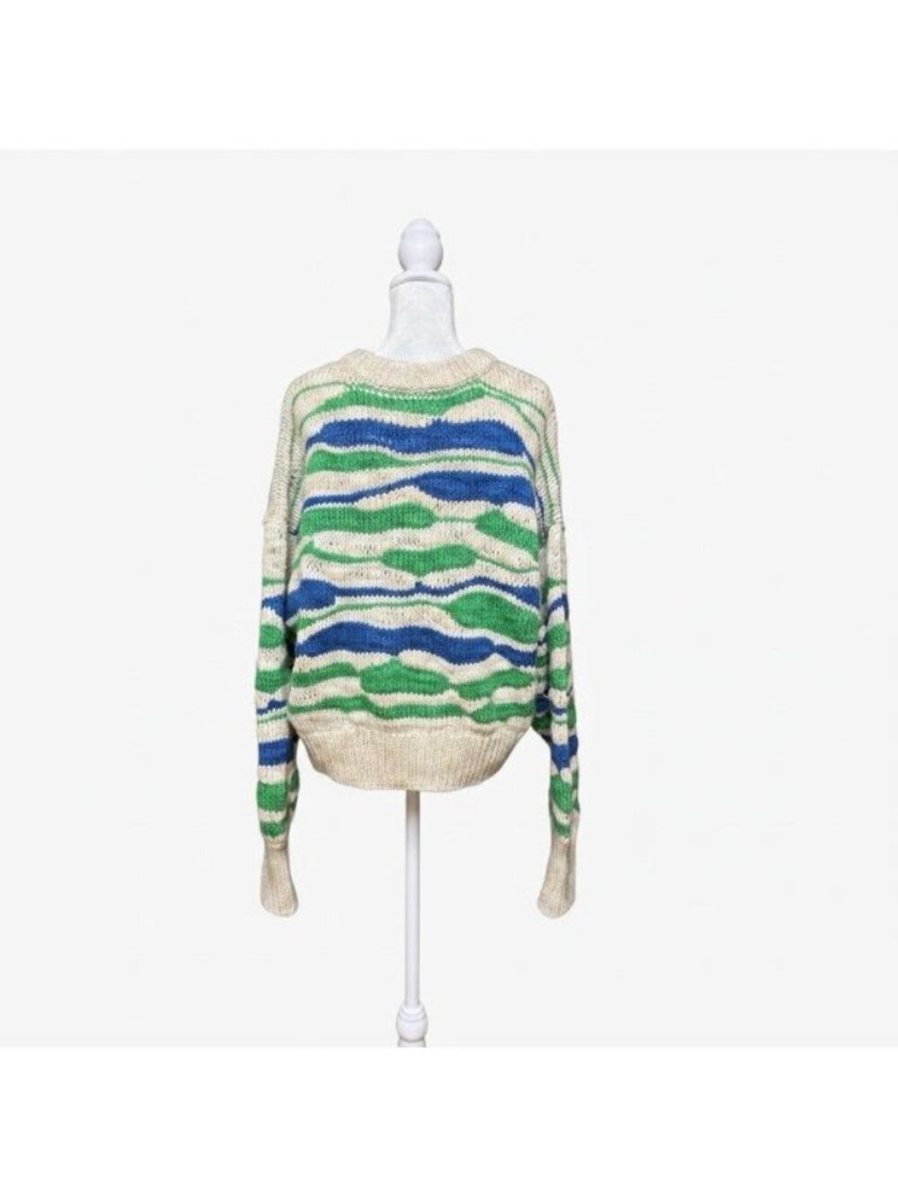 Aerie Women’s Wool Blend Striped Cropped Chunky Knit Sweater Medium Green Blue - Picture 3 of 5